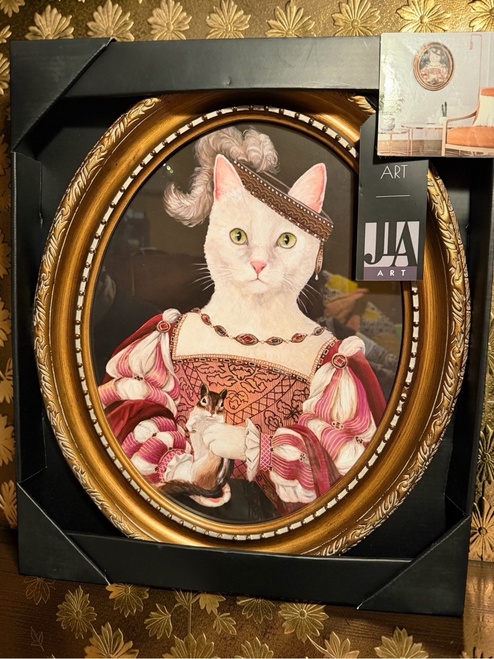 Carol Lew NWT Pink & White Regal Cat Portrait Oval Gilded Frame Wall Art 18 x 15